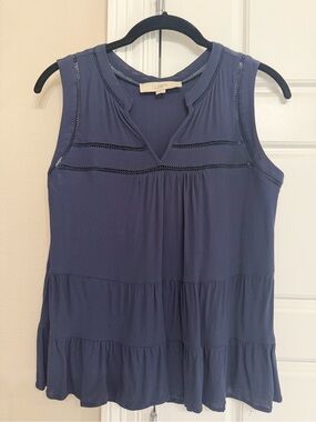 LOFT Navy Sleeveless Tiered V-Neck Camisole with Ladder Lace